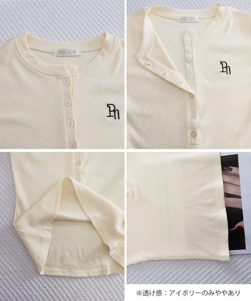 ヘンリーネックTシャツワンポイントロゴt 細見えリブトップス ハーフボタン コンパクトTシャツ 華奢見え刺しゅう 半袖カットソー 韓国風 大人カジュアル春夏服無地 6SLSHUM-001