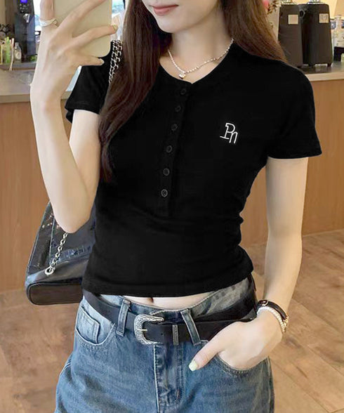 ヘンリーネックTシャツワンポイントロゴt 細見えリブトップス ハーフボタン コンパクトTシャツ 華奢見え刺しゅう 半袖カットソー 韓国風 大人カジュアル春夏服無地 6SLSHUM-001