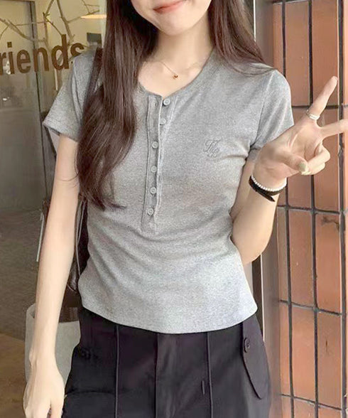 ヘンリーネックTシャツワンポイントロゴt 細見えリブトップス ハーフボタン コンパクトTシャツ 華奢見え刺しゅう 半袖カットソー 韓国風 大人カジュアル春夏服無地 6SLSHUM-001