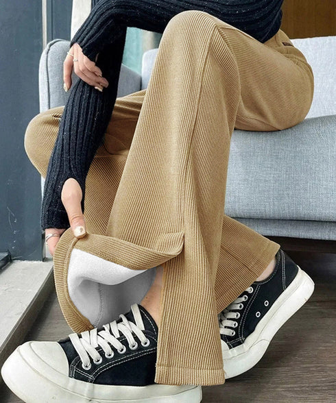 裏起毛コーデュロイパンツ微フレアパンツ冬 ハイウエストあったかパンツ レディース 防風防寒フロントスリットパンツ 暖かいズボン 美脚脚長秋冬ボトム イージーパンツ 6TAOYUNMEI-001