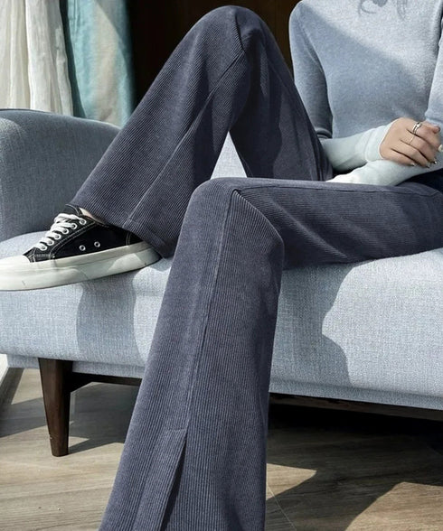 裏起毛コーデュロイパンツ微フレアパンツ冬 ハイウエストあったかパンツ レディース 防風防寒フロントスリットパンツ 暖かいズボン 美脚脚長秋冬ボトム イージーパンツ 6TAOYUNMEI-001