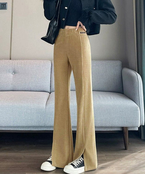 裏起毛コーデュロイパンツ微フレアパンツ冬 ハイウエストあったかパンツ レディース 防風防寒フロントスリットパンツ 暖かいズボン 美脚脚長秋冬ボトム イージーパンツ 6TAOYUNMEI-001