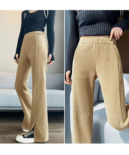 裏起毛コーデュロイパンツ微フレアパンツ冬 ハイウエストあったかパンツ レディース 防風防寒フロントスリットパンツ 暖かいズボン 美脚脚長秋冬ボトム イージーパンツ 6TAOYUNMEI-001