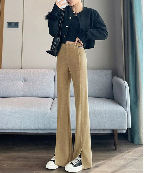裏起毛コーデュロイパンツ微フレアパンツ冬 ハイウエストあったかパンツ レディース 防風防寒フロントスリットパンツ 暖かいズボン 美脚脚長秋冬ボトム イージーパンツ 6TAOYUNMEI-001