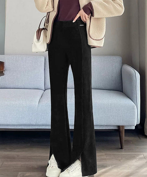 裏起毛コーデュロイパンツ微フレアパンツ冬 ハイウエストあったかパンツ レディース 防風防寒フロントスリットパンツ 暖かいズボン 美脚脚長秋冬ボトム イージーパンツ 6TAOYUNMEI-001