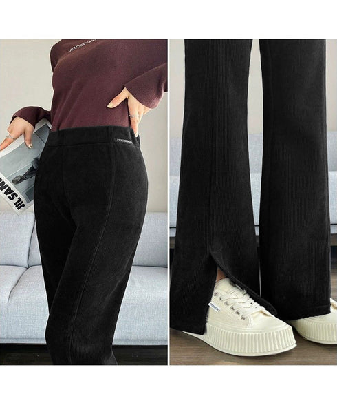 裏起毛コーデュロイパンツ微フレアパンツ冬 ハイウエストあったかパンツ レディース 防風防寒フロントスリットパンツ 暖かいズボン 美脚脚長秋冬ボトム イージーパンツ 6TAOYUNMEI-001