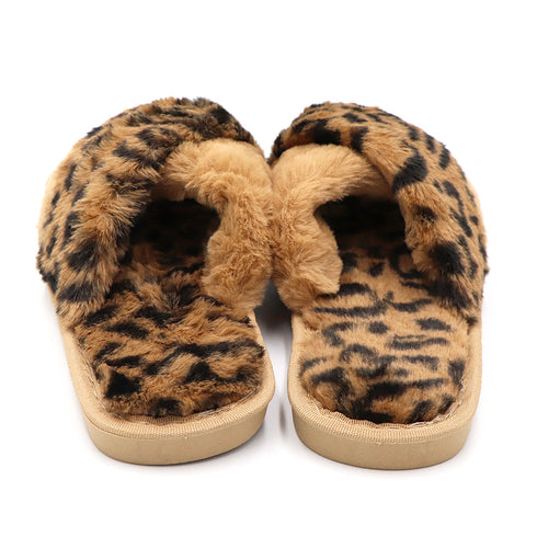 ファーサンダル レディース レオパード柄 ファースリッパ あったか 滑り止め ヒョウ柄 秋冬 フラットサンダル 室内履き ふわふわクロスストラップ ルームシューズ 6TMEI-001