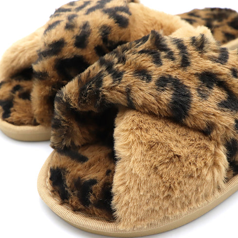 ファーサンダル レディース レオパード柄 ファースリッパ あったか 滑り止め ヒョウ柄 秋冬 フラットサンダル 室内履き ふわふわクロスストラップ ルームシューズ 6TMEI-001