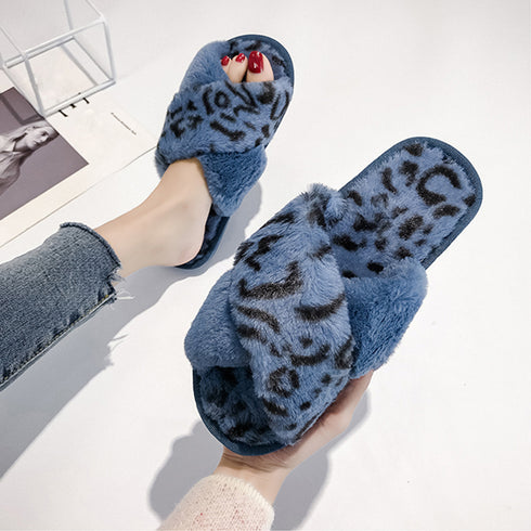ファーサンダル レディース レオパード柄 ファースリッパ あったか 滑り止め ヒョウ柄 秋冬 フラットサンダル 室内履き ふわふわクロスストラップ ルームシューズ 6TMEI-001