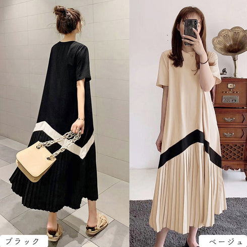 ロング ワンピース レディース Aライン ロング ワンピース レディース プリーツ切り替え 夏 マキシワンピース 半袖 Aライン ワンピース 体型カバー ゆったり 6WAND-002