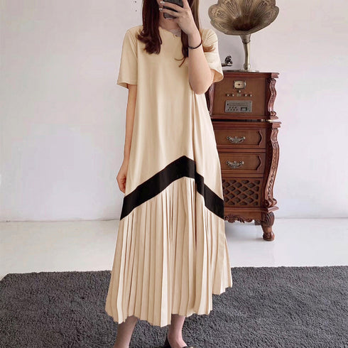 ロング ワンピース レディース Aライン ロング ワンピース レディース プリーツ切り替え 夏 マキシワンピース 半袖 Aライン ワンピース 体型カバー ゆったり 6WAND-002