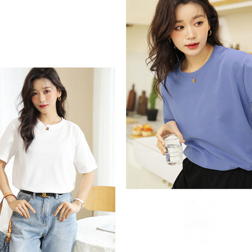 Tシャツ 半袖 無地tシャツ カットソー レディース 大人定番tシャツ ベーシック クルーネック 通勤通学 シンプル 白Tシャツ 韓国 夏服 全8色 コットン 6WANGJI-003