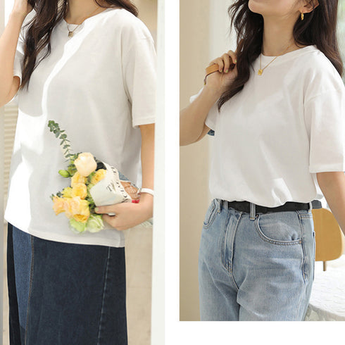 Tシャツ 半袖 無地tシャツ カットソー レディース 大人定番tシャツ ベーシック クルーネック 通勤通学 シンプル 白Tシャツ 韓国 夏服 全8色 コットン 6WANGJI-003