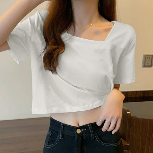 ショート丈Tシャツ レディース 半袖韓国 へそ出しトップス シンプル 無地カットソー クロップド丈tシャツ スクエアネック お洒落 ハイウエストトップスダンス衣装 6WANJIA-003
