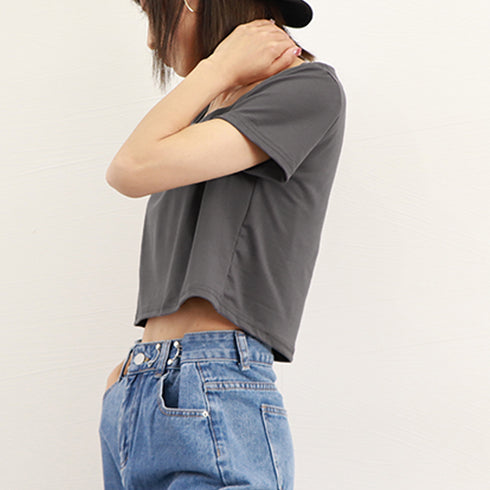 ショート丈Tシャツ レディース 半袖韓国 へそ出しトップス シンプル 無地カットソー クロップド丈tシャツ スクエアネック お洒落 ハイウエストトップスダンス衣装 6WANJIA-003