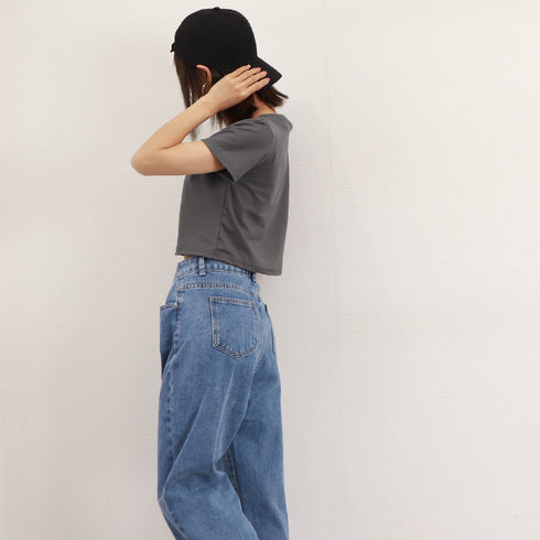 ショート丈Tシャツ レディース 半袖韓国 へそ出しトップス シンプル 無地カットソー クロップド丈tシャツ スクエアネック お洒落 ハイウエストトップスダンス衣装 6WANJIA-003