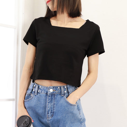ショート丈Tシャツ レディース 半袖韓国 へそ出しトップス シンプル 無地カットソー クロップド丈tシャツ スクエアネック お洒落 ハイウエストトップスダンス衣装 6WANJIA-003