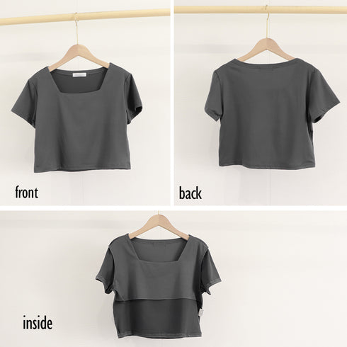 ショート丈Tシャツ レディース 半袖韓国 へそ出しトップス シンプル 無地カットソー クロップド丈tシャツ スクエアネック お洒落 ハイウエストトップスダンス衣装 6WANJIA-003