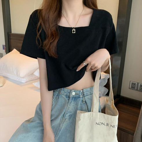 ショート丈Tシャツ レディース 半袖韓国 へそ出しトップス シンプル 無地カットソー クロップド丈tシャツ スクエアネック お洒落 ハイウエストトップスダンス衣装 6WANJIA-003