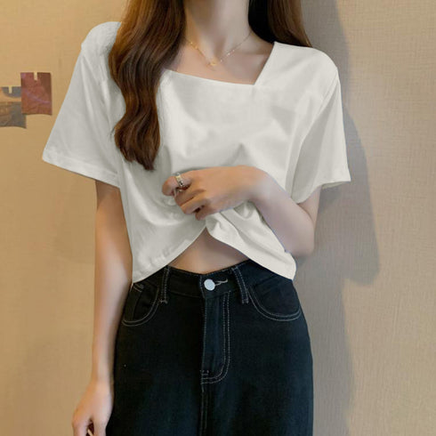 ショート丈Tシャツ レディース 半袖韓国 へそ出しトップス シンプル 無地カットソー クロップド丈tシャツ スクエアネック お洒落 ハイウエストトップスダンス衣装 6WANJIA-003