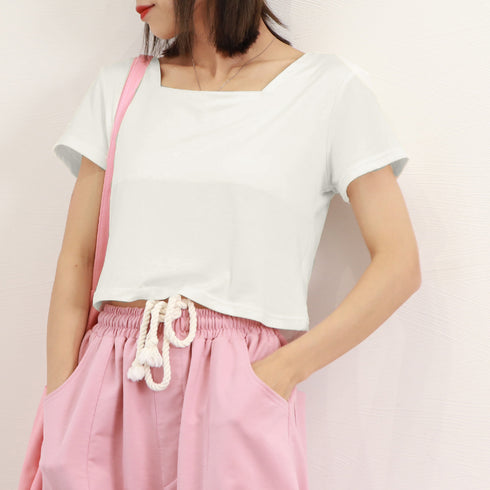 ショート丈Tシャツ レディース 半袖韓国 へそ出しトップス シンプル 無地カットソー クロップド丈tシャツ スクエアネック お洒落 ハイウエストトップスダンス衣装 6WANJIA-003