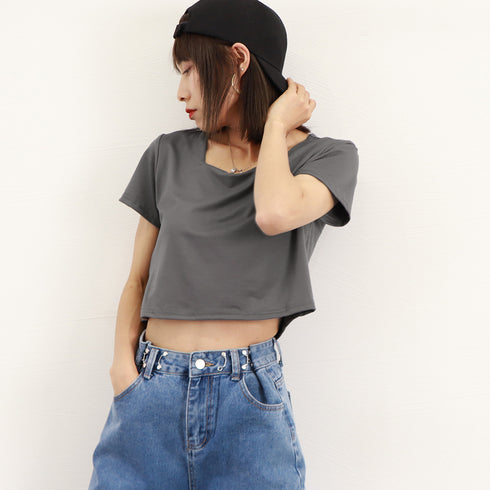 ショート丈Tシャツ レディース 半袖韓国 へそ出しトップス シンプル 無地カットソー クロップド丈tシャツ スクエアネック お洒落 ハイウエストトップスダンス衣装 6WANJIA-003