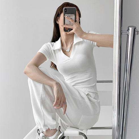 ポロシャツ レディースクロップドTシャツ 韓国 半袖 スリムフィットTシャツ 細見え ショート丈トップス 着やせ カジュアル無地tシャツ ストリート ダンス衣装黒 6WANJIA-004