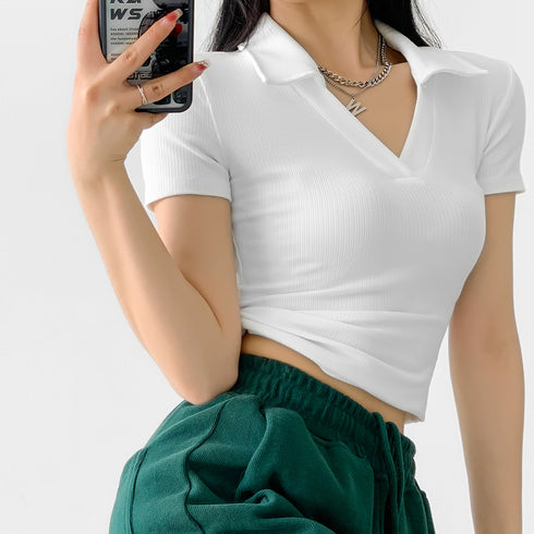 ポロシャツ レディースクロップドTシャツ 韓国 半袖 スリムフィットTシャツ 細見え ショート丈トップス 着やせ カジュアル無地tシャツ ストリート ダンス衣装黒 6WANJIA-004