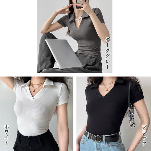 ポロシャツ レディースクロップドTシャツ 韓国 半袖 スリムフィットTシャツ 細見え ショート丈トップス 着やせ カジュアル無地tシャツ ストリート ダンス衣装黒 6WANJIA-004