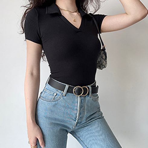 ポロシャツ レディースクロップドTシャツ 韓国 半袖 スリムフィットTシャツ 細見え ショート丈トップス 着やせ カジュアル無地tシャツ ストリート ダンス衣装黒 6WANJIA-004