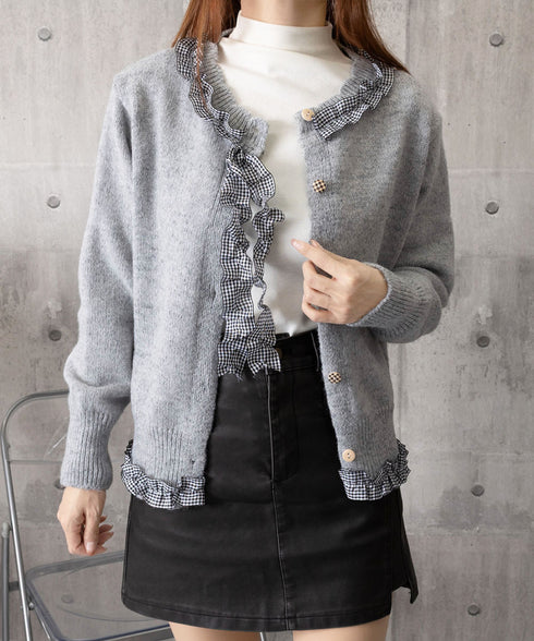 フリルカラーニットリボンカーディガン甘め レディースギンガムチェックリボン 切り替えニットトップス きれいめフリル裾カーディガン おしゃれ 大人可愛いニット韓国風 6WYUE-001