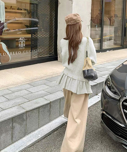 ニットトップス韓国風ペプラムニット春秋冬 レディースおしゃれニットプルオーバー 2WAYきれいめニットセーター クルーネック無地リブニット着やせ大人可愛いトップス 6XIANYUE-001