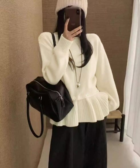 ニットトップス韓国風ペプラムニット春秋冬 レディースおしゃれニットプルオーバー 2WAYきれいめニットセーター クルーネック無地リブニット着やせ大人可愛いトップス 6XIANYUE-001
