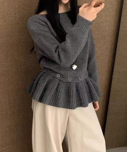 ニットトップス韓国風ペプラムニット春秋冬 レディースおしゃれニットプルオーバー 2WAYきれいめニットセーター クルーネック無地リブニット着やせ大人可愛いトップス 6XIANYUE-001