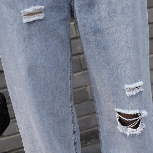 デニムパンツ ストレートパンツ 韓国風 レディース ダメージ加工 デニムワイドパンツ ハイウエスト ロングパンツ 着やせ ゆったり おしゃれ 20代 30代 6XINANYT-005