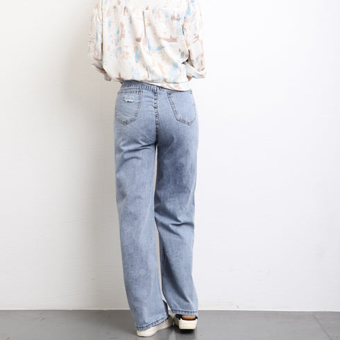 デニムパンツ ストレートパンツ 韓国風 レディース ダメージ加工 デニムワイドパンツ ハイウエスト ロングパンツ 着やせ ゆったり おしゃれ 20代 30代 6XINANYT-005