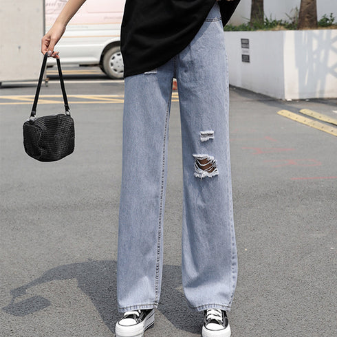 デニムパンツ ストレートパンツ 韓国風 レディース ダメージ加工 デニムワイドパンツ ハイウエスト ロングパンツ 着やせ ゆったり おしゃれ 20代 30代 6XINANYT-005