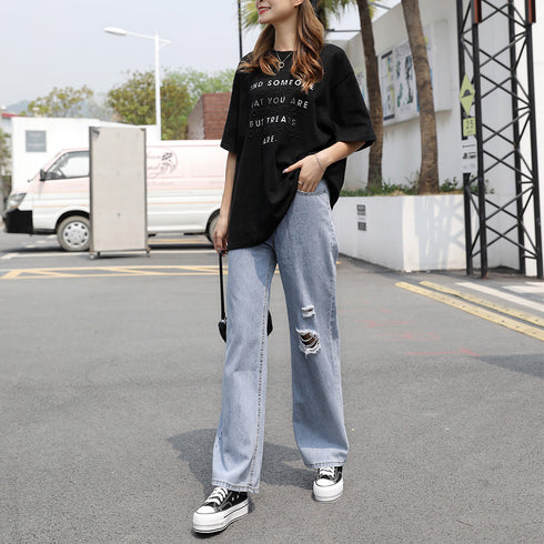 デニムパンツ ストレートパンツ 韓国風 レディース ダメージ加工 デニムワイドパンツ ハイウエスト ロングパンツ 着やせ ゆったり おしゃれ 20代 30代 6XINANYT-005