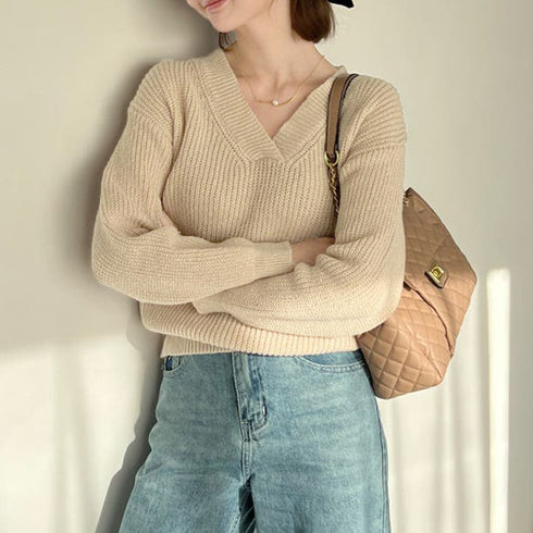 vネック ニットセーター レディース秋冬 おしゃれ リブニット トップス 大人女性 ニットウエア オフィスカジュアル 長袖 ニットプルオーバー 韓国風30代40代 6XINANYT-018
