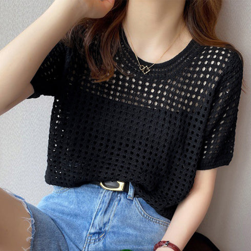 メッシュサマーニット レディース半袖夏服 穴あき ショート丈トップス 無地クルーネック 透かし編みニットプルオーバー 春夏秋 透け感 おしゃれ きれいめカジュアル 6XINANYT-026