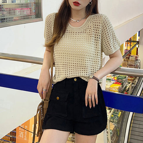 メッシュサマーニット レディース半袖夏服 穴あき ショート丈トップス 無地クルーネック 透かし編みニットプルオーバー 春夏秋 透け感 おしゃれ きれいめカジュアル 6XINANYT-026