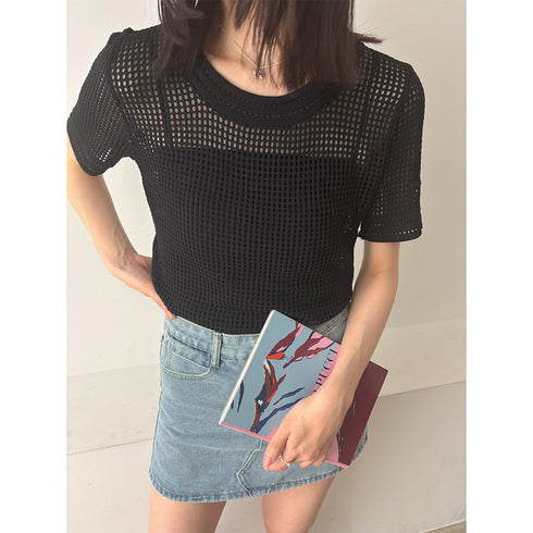 メッシュサマーニット レディース半袖夏服 穴あき ショート丈トップス 無地クルーネック 透かし編みニットプルオーバー 春夏秋 透け感 おしゃれ きれいめカジュアル 6XINANYT-026