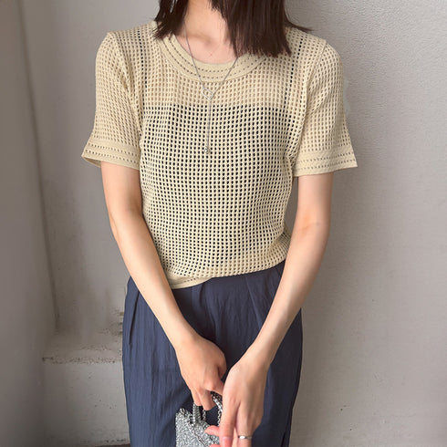 メッシュサマーニット レディース半袖夏服 穴あき ショート丈トップス 無地クルーネック 透かし編みニットプルオーバー 春夏秋 透け感 おしゃれ きれいめカジュアル 6XINANYT-026