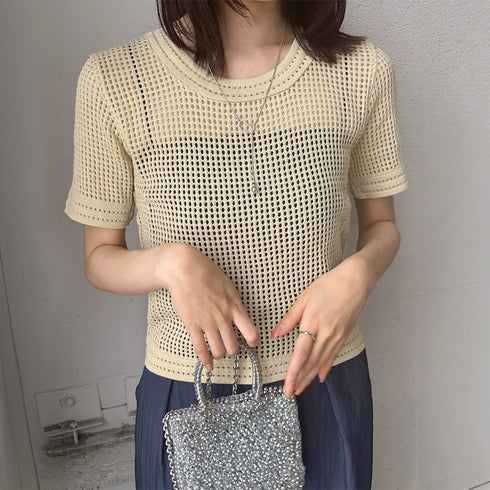 メッシュサマーニット レディース半袖夏服 穴あき ショート丈トップス 無地クルーネック 透かし編みニットプルオーバー 春夏秋 透け感 おしゃれ きれいめカジュアル 6XINANYT-026