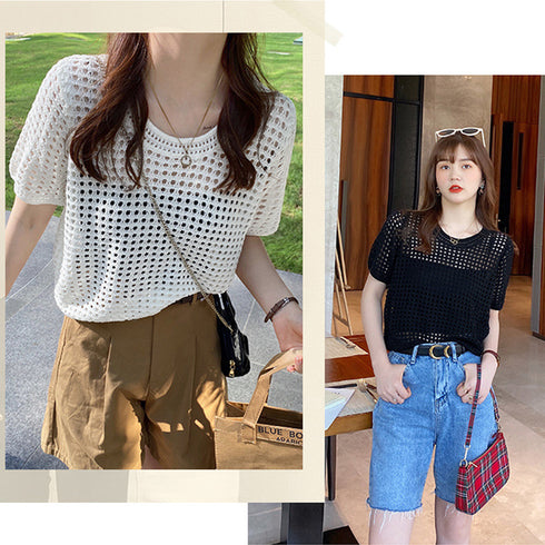 メッシュサマーニット レディース半袖夏服 穴あき ショート丈トップス 無地クルーネック 透かし編みニットプルオーバー 春夏秋 透け感 おしゃれ きれいめカジュアル 6XINANYT-026