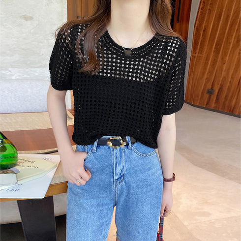 メッシュサマーニット レディース半袖夏服 穴あき ショート丈トップス 無地クルーネック 透かし編みニットプルオーバー 春夏秋 透け感 おしゃれ きれいめカジュアル 6XINANYT-026