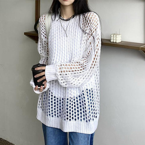 メッシュニット 透かし編みトップス 長袖 おしゃれサマーニット ゆったり レディース ニットブラウス プルオーバー韓国 重ね着フィッシュネットニット 肌見せ透け感 6XINANYT-030