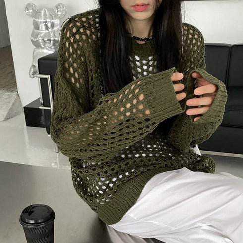 メッシュニット 透かし編みトップス 長袖 おしゃれサマーニット ゆったり レディース ニットブラウス プルオーバー韓国 重ね着フィッシュネットニット 肌見せ透け感 6XINANYT-030