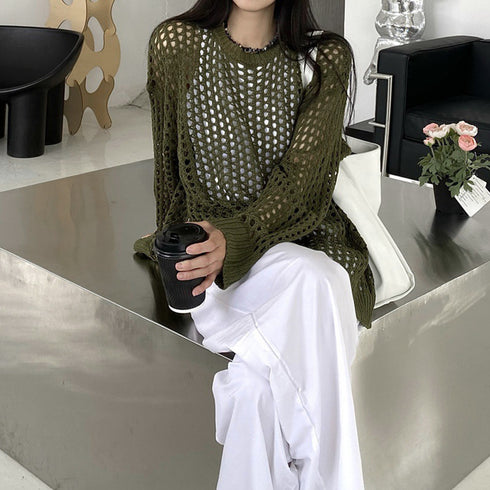 メッシュニット 透かし編みトップス 長袖 おしゃれサマーニット ゆったり レディース ニットブラウス プルオーバー韓国 重ね着フィッシュネットニット 肌見せ透け感 6XINANYT-030
