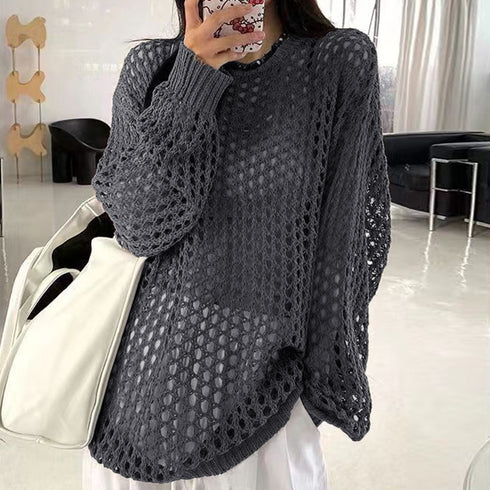 メッシュニット 透かし編みトップス 長袖 おしゃれサマーニット ゆったり レディース ニットブラウス プルオーバー韓国 重ね着フィッシュネットニット 肌見せ透け感 6XINANYT-030